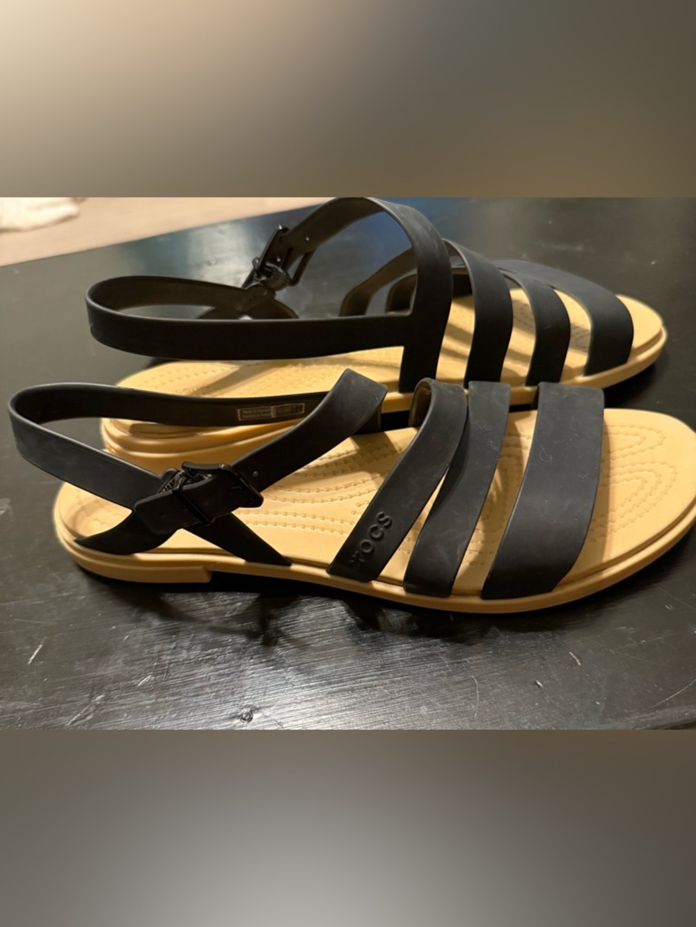 Croc rubber iconic comfort sandals size 10 black and tan strappy rubber shoes